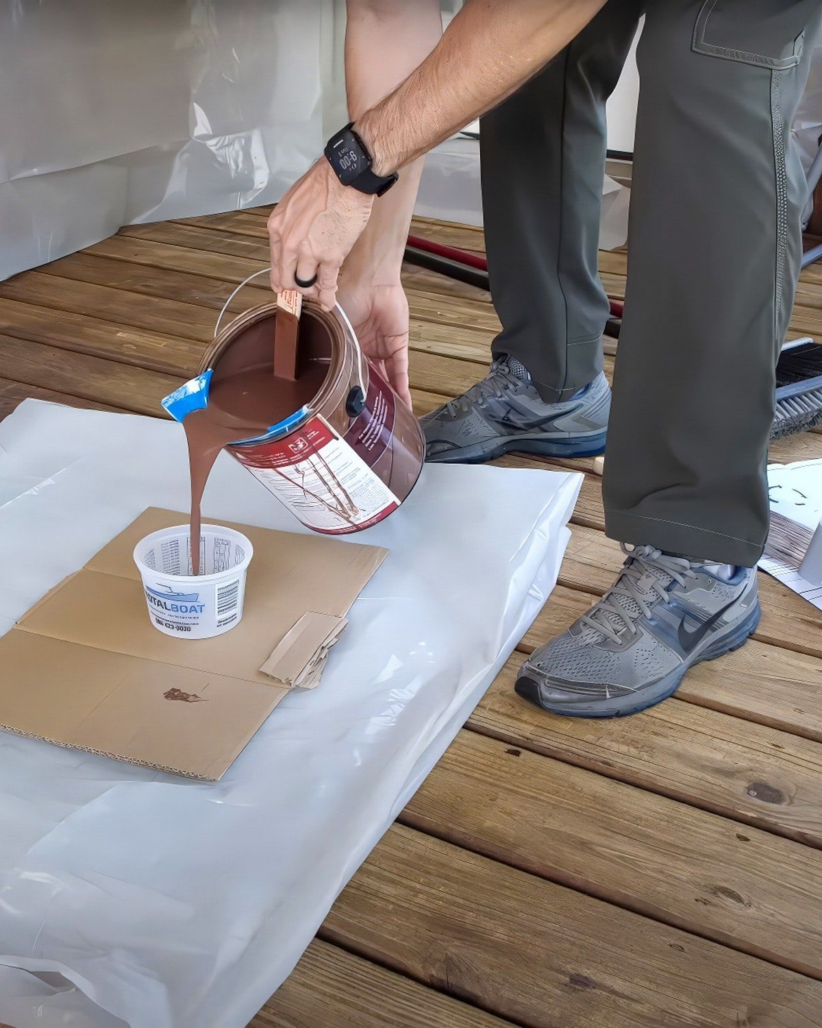 Pouring stain for a deck job